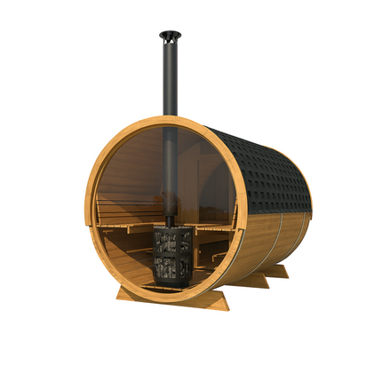Wooden barrel-shaped outdoor sauna 