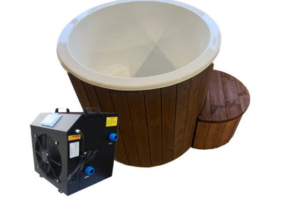 Wooden hot tub with a black heating element on a white background